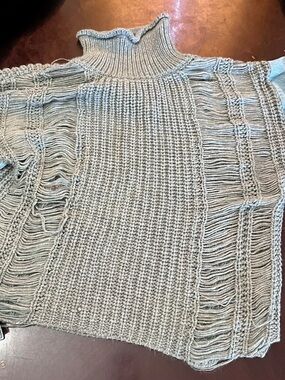 Say What? Gray Fringed Turtleneck Sweater